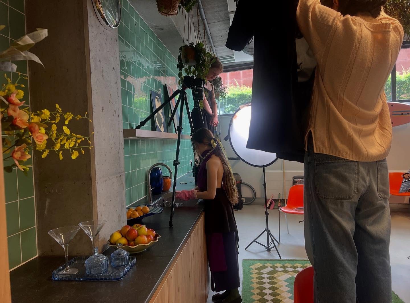 Behind the scenes: setting up a shot in the kitchen location