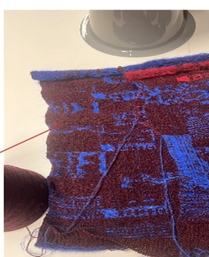 Fair Isle knit sample in blue and burgundy
