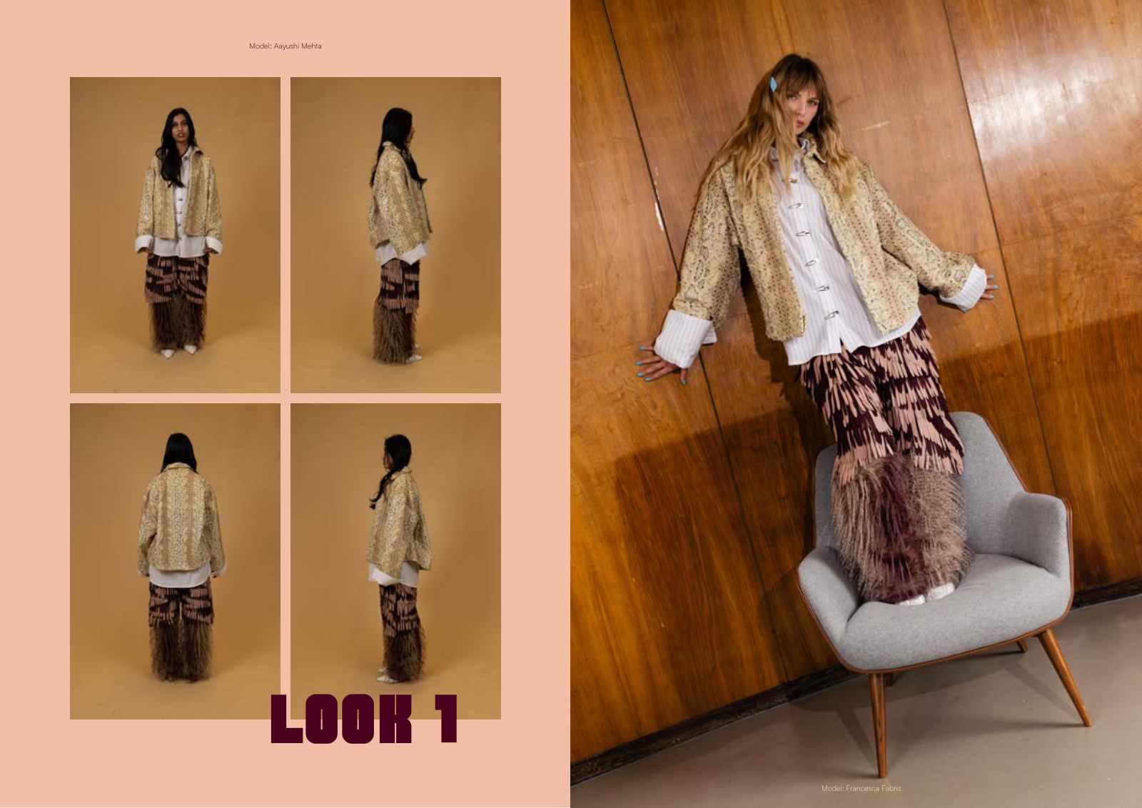 Look 1 — front, back and side views plus editorial image