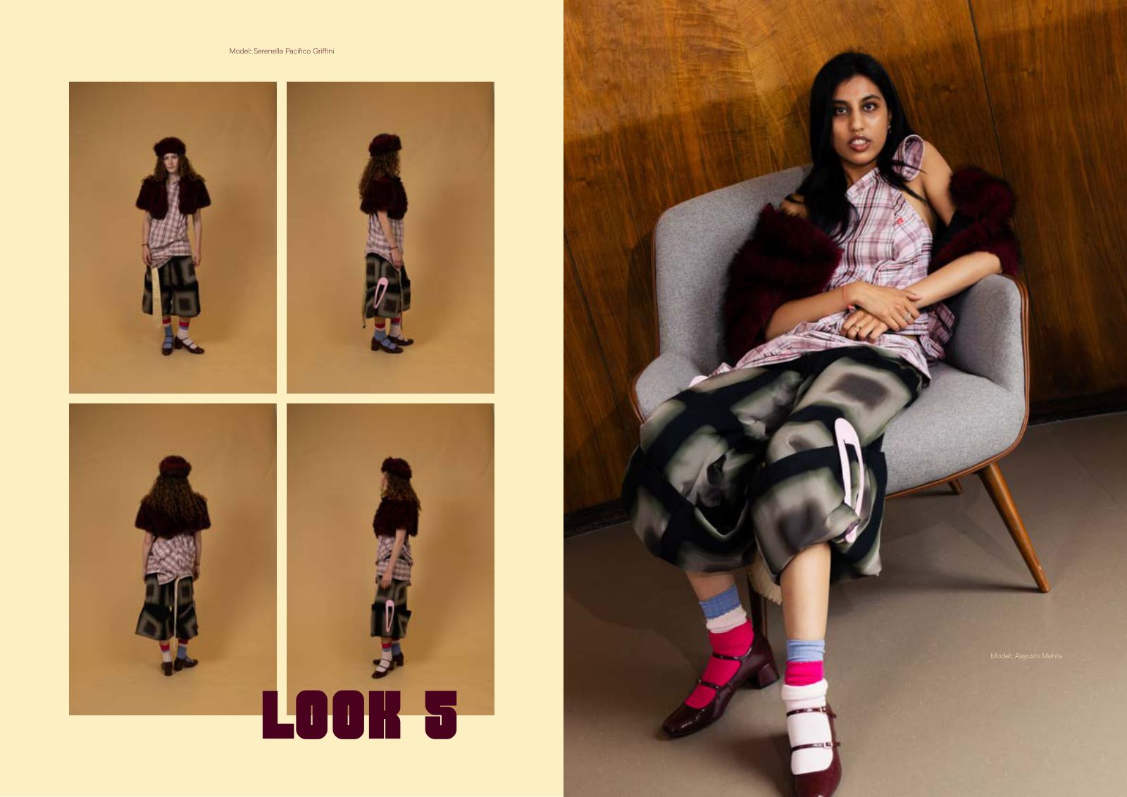 Look 5 — front, back and side views plus editorial image